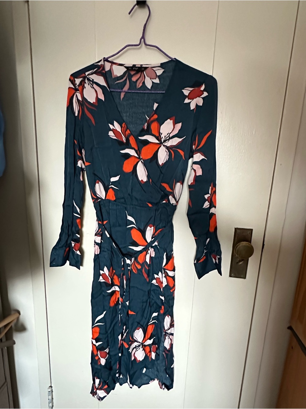 F&F Teal Wrap Dress with Red & Pink Floral Print